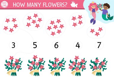 Deniz kızı oyununu deniz yosunu çiçeği buketini deniz prensesine veren denizkızıyla karşılaştır. Çocuklar için peri masalı okyanus krallığı matematik aktivitesi. Deniz Eğitim Sayım Atölyesi