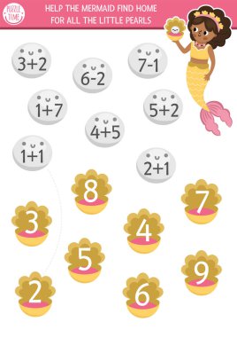Deniz kızı oyununu deniz prensesi, inci ve deniz kabuklarıyla say ve eşleştir. Çocuklar için peri masalı okyanus krallığı matematik aktivitesi. Deniz eğitim muhasebe ödevi. Doğru shel 'i bul