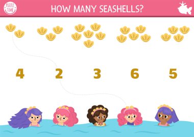Deniz kızı numarasını, deniz kabuklu saç bandı takan prenses ile karşılaştır. Anaokulu öğrencileri için peri masalı okyanus krallığı matematik aktivitesi. Deniz Eğitim Sayım Atölyesi