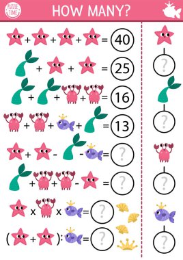 Denizci kaç denizyıldızı oyunu, denklem ya da geri dönüş. Okul çocukları için deniz kızı matematik aktivitesi. Yengeç, kuyruk, fis gibi şeyleri olan çocuklar için basit bir peri masalı.