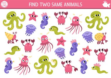 İki tane aynı su hayvanını bul. Peri masalı, çocuklar için okyanus krallığı etkinliği. Çocuklar için deniz eğitim sınavı ödevi. Yengeç, denizanası, denizyıldızı ve ahtapotla basılabilir basit bir oyun