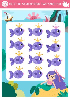 İki tane aynı balığı bul. Peri masalı okyanus krallığı çocuklar için deniz kızı ve deniz manzarası aktivitelerini eşleştiriyor. Çocuklar için deniz eğitim sınavı ödevi. Basit yazdırılabilir gam
