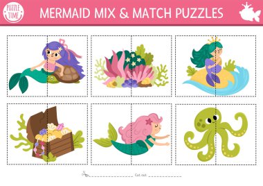 Vektör deniz kızı ile tatlı deniz prensesini karıştır ve eşleştir. Anaokulu öğrencileri için okyanus krallığı aktiviteleri. Hazine sandığı, ahtapot ve yosun içeren deniz eğitimi amaçlı basılabilir oyun