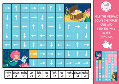 Korsan haritası ve hazine sandığı olan çocuklar için deniz kızı mantığı labirenti. Peri masalı okyanus krallığı anaokulu basılabilir aktivitesi. Labirent oyunu ya da sol, sağ, yukarı, aşağı konsepti olan bulmaca. Bul onu.