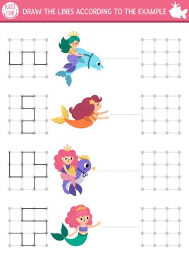 Deniz kızı çizimi, yazma, iz sürme, deniz prensesi olan çocuklar için uzay yönlendirme aktivitesi. Örneğe göre çizgileri kare kutuda çiz. Peri masalı okyanus krallığı okul öncesi basılabilir oyun, bulmaca