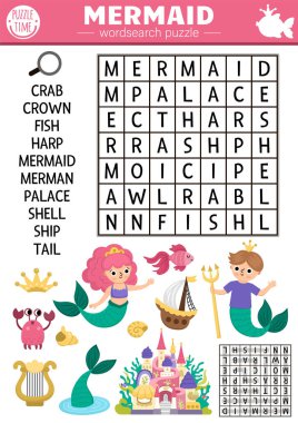 Çocuklar için vektör deniz kızı kelime bulmacası. Denizci kelimesi ya da sualtı arama testi. Deniz adamı, balık, yengeç, saray ve kuyrukla okyanus masalı eğitim aktivitesi. Sevimli basit çapraz bağlantı