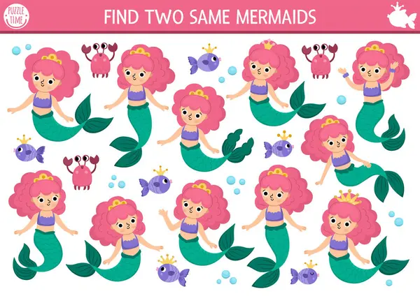 stock vector Find two same mermaids. Fairytale ocean kingdom matching activity for children. Marine educational quiz worksheet for kids for attention skills. Simple printable game with cute sea princes