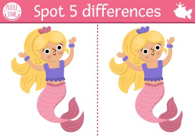 Çocuklar için farklılık oyunu bul. Deniz prensesiyle denizkızı eğitim aktivitesi. Kuyruklu komik kızı olan çocuklar için hoş bir bulmaca. Mantık ve dikkat becerisi için yazılabilir çalışma tablosu veya sayfa