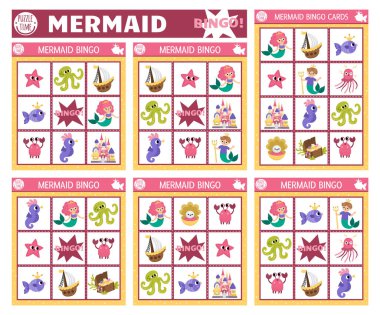 Vektör deniz kızı tombala kartları hazır. Şirin deniz prensesi, kale, deniz adamı ve çocuklar için balık ile eğlenceli aile loto masası oyunu. Okyanus krallığı piyango aktivitesi. Basit deniz eğitimli yazıcı çalışması