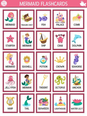 Denizkızı, deniz prensesi, saray, gemi, deniz adamı ve balıklarla dolu büyük kartlar. Çocuklar için Okyanus Krallığı İngilizce oyunu. Deniz masalı bilgi kartları. Eğitimsel yazdırılabilir çalışma