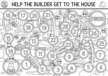 İnşaat alanı siyah-beyaz zar çizgisi oyunu şirin çocuk müteahhitler, ulaşım, buldozer, traktör, kamyon, vinç. Bina, tahta oyununda işe yarıyor. Tamir servisi yazdırılabilir etkinlik, renklendirici pag