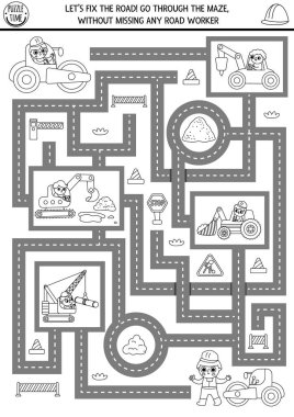 Yol onarım konsepti olan çocuklar, işçiler, arabalar için inşaat alanı siyah-beyaz geometrik labirent. İnşa çizgisi okul öncesi yazdırılabilir etkinlik, boyama sayfası. Servis labirenti oyunu, bulmaca