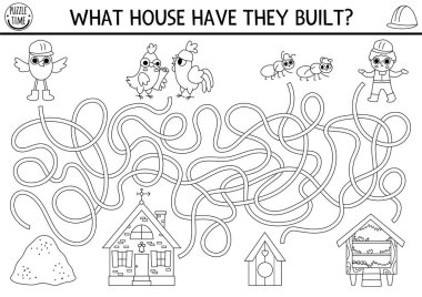 İnşaat alanı hayvanları, inşaatçıları, evleri olan çocuklar için siyah-beyaz labirent. Bina, okul öncesi basılabilir etkinlik, labirent oyunu, boyama sayfası veya işçi, kuş, ev ile bulmaca gibi işler.