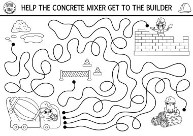 İnşaat alanı çocuklar için siyah-beyaz labirent. Beton karıştırıcının işçi evine gitmesine yardım et. Bina anaokulu basılabilir aktivitesi olarak çalışıyor. Onarım servisi labirent oyunu, bulmaca, renklendirme pag