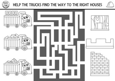 Kamyonları ve şoförleri farklı malzemeler taşıyan çocuklar için inşaat alanı siyah-beyaz labirent. Bina yazdırılabilir etkinlik, labirent oyunu, boyama sayfası, evle ilgili bulmaca