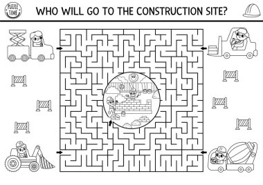 İnşaat alanı, endüstriyel sahne, inşaat, araba ve buldozer kullanan çocuklar için siyah-beyaz geometrik labirent. Bina anaokulu basılabilir aktivitesi olarak çalışıyor. Onarım servisi labirent oyunu, bulmaca, renklendirme pag