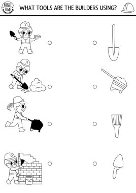 İnşaat alanı siyah ve beyaz gölgeler inşaatçılar ve aletlerle etkinlik gösteriyor. Bina çizgisi bulmacası. Siluet oyunu, yazdırılabilir çalışma tablosu. Onarım servisi renklendirme kağıdıyla eşleşiyor