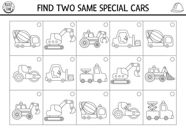 İki özel araba bul. İnşaat alanı siyah-beyaz eşleşme aktivitesi. İnşaat, çocuklar için eğitici bilgi yarışması çalışma kağıdıdır. Basit yazdırılabilir oyun, araç ile renklendirme sayfası
