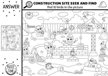 Vector siyah ve beyaz inşaat alanı arama oyunu bina çalışma alanı ile. Gizli kuşları tespit et. Basit ara ve eğitici yazdırılabilir etkinlik bul, çalışan çocuklar için boyama sayfası