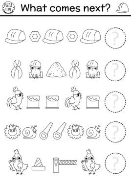 Sırada ne var? İnşaat alanı siyah-beyaz, kasklı, aletli, mantıklı aktivite. İnşaat işleri, mantık veraset çalışma tablosu. Satır oyununa devam et, boyama pag