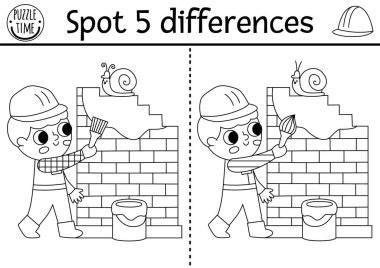 Çocuklar için siyah-beyaz farkları bul. Duvarı boyayan bir çocukla inşaat alanında eğitim aktivitesi. Çalışan çocuklar için hoş bir bulmaca. Yazdırılabilir çalışma tablosu, renklendirici pag
