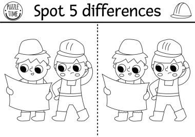 Çocuklar için siyah-beyaz farkları bul. Erkek mühendislerle inşaat alanında eğitim aktivitesi. Çalışan çocuklar için bulmaca. Yazdırılabilir çalışma tablosu, mantık yeteneği için renklendirme sayfası