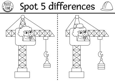 Çocuklar için siyah-beyaz farkları bul. Vinç kaldırmada kız operatörle inşaat alanında eğitim aktivitesi. Çalışan çocuklar için hoş bir bulmaca. Yazdırılabilir çalışma tablosu, renklendirici pag