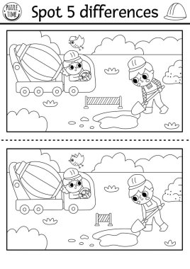 Çocuklar için siyah-beyaz farkları bul. Erkek ve beton karıştırıcı ile inşaat alanında eğitim aktivitesi. Çalışan çocuklar için hoş bir bulmaca. Yazdırılabilir çalışma tablosu, renklendirici pag