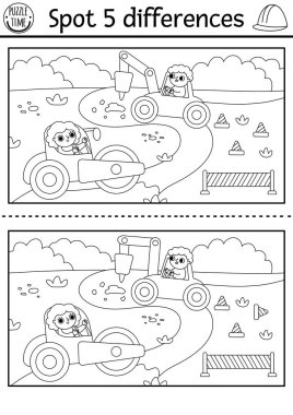 Farklılıkları bul siyah ve beyaz oyun. Yol onarımında çalışan işçilerin eğitim faaliyetleri. İnşaatçı çocuklar için bulmaca. Yazdırılabilir çalışma tablosu, inşaat alanı taraması ile renklendirme sayfası