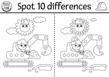 Çocuklar için siyah-beyaz farkları bul. Kazı kazısı çukurunda erkek sürücü ile inşaat alanında eğitim aktivitesi. Çalışan çocuklar için bulmaca. Yazdırılabilir çalışma tablosu, renklendirici pag