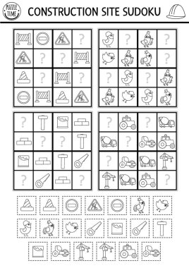 Çocuklar için siyah-beyaz inşaat alanı sudoku bulmacası. Bina kesim ve yapıştırıcı elementleriyle çalışır. Eğitim aktivitesi ya da araç, işçi ve araçla renklendirme sayfası. Kayıp objec 'i çiz