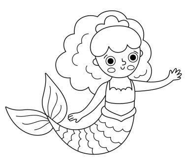 Peri masalı siyah beyaz vektör deniz kızı. Beyaz arka planda izole edilmiş fantezi balık kız. Peri masalı prensesi. Hazine adası, korsan, sualtı hattı ikonu. Tatlı kız siren karakteri, renkli pag.