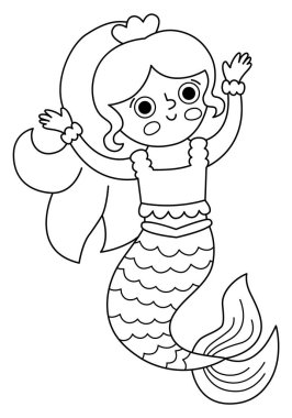 Peri masalı siyah beyaz vektör deniz kızı. Beyaz arka planda izole edilmiş fantezi balık kız. Peri masalı prensesi elleri havada. Hazine adası, korsan, sualtı hattı ikonu. Şirin siren boyama bezi.