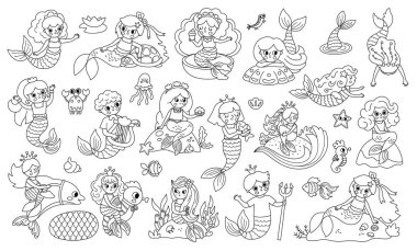 Siyah ve beyaz vektör denizkızları ayarlandı. Okyanus prensesiyle birlikte Sualtı Krallığı koleksiyonu, prens. Çocuklar için peri masalı karakterleri. Su maceraları yükselir, sirenle boyama sayfası