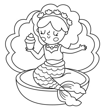 Peri masalı siyah beyaz vektör deniz kızı kabuğun üzerinde oturup kek yiyor. Beyaz arka planda izole edilmiş fantezi balık kız. Peri masalı prensesi. Şirin siren boyama sayfası. Sualtı hattı ico