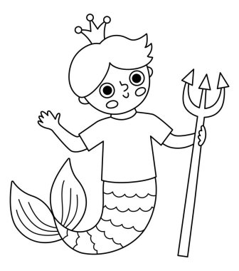 Peri masalı, üç dişli mızraklı siyah beyaz vektör deniz kızı. Fantezi balık adam. Peri masalı prensi. Hazine adası, korsan macera çizgisi ikonu. Tatlı sualtı kral boyama pag