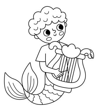 Peri masalı, arplı siyah beyaz vektör deniz kızı. Fantezi balık adam. Peri masalı prensi. Hazine adası çizgisi ikonu. Tatlı sualtı kral boyama pag