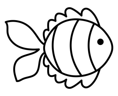 Siyah ve beyaz vektör soyut balık simgesi. Deniz çizgisi illüstrasyonunun altında ya da sevimli, komik bir yaratıkla boyama sayfasında. Okyanus hayvanı klipsi. Su altı çizgi filmi ya da çocuklar için denizcilik klibi