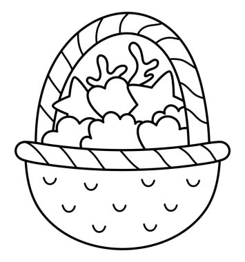 Deniz kabukları, deniz yıldızları ve deniz yosunlarıyla dolu siyah beyaz bir sepet. Okyanus hasat çizgisi simgesi ya da boyama sayfası. Yaz, su altı, okyanus hayatı. Çocuk için deniz kızı çizimi