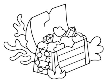 Altınla, deniz kabuklarıyla, boncuklarla dolu siyah beyaz hazine sandığını açtı. Korsan, mücevherli tahta bir tabut batırdı. Define adası çizgisi ya da boyama sayfası. Deniz yosunlu eski tahta kutu simgesi