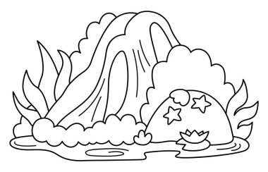 Siyah-beyaz şelale ikonu. Doğa çizgisi çizimi ya da boyama sayfası. Yeşillik, ağaçlar, deniz yosunları ve deniz yıldızlarıyla dolu bir sonbahar filmi. Vahşi yaşam, deniz manzarası