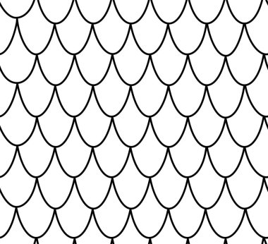 Siyah ve beyaz, balık pullu, kusursuz bir şekil. Soyut sualtı hattı denizkızı kuyruğu dokusuyla arka planı tekrarlıyor. Çocuklar için karikatür deniz masalı arka planı. Su boyama bezi