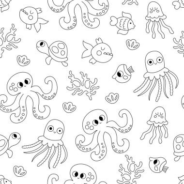 Denizin altında siyah beyaz bir taşıyıcı var. Denizanası, ahtapot, kabuk, kaplumbağa, balık gibi arka plan tekrarı. Okyanus yaşamı boyama sayfası. Su hayvanları ve deniz yosunları çizgisi çizimi