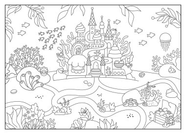 Siyah-beyaz deniz kızı karası çizimi. Şato, balık, yosunlar, hazine. Deniz ya da okyanus krallığı sahnesinin altında. Tatlı yatay su arka planı ya da boyama bezi