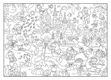 Siyah-beyaz deniz kızı karası çizimi. Şato, balık, yosun, hazine, prens, prenses. Denizin altında, okyanus krallığı sahnesi ya da boyama sayfası. Yatay Peri Masalı