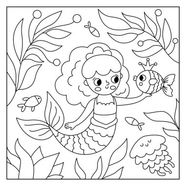 Denizkızı ve balıklı siyah beyaz manzara çizimi. Okyanus ya da deniz krallığı sahnesi, deniz yosunlarıyla boyama sayfası, denizanası, deniz prensesi. Çocuk için sevimli kare masal geçmişi