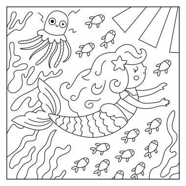 Denizkızı, balık, denizanası ve siyah beyaz manzara çizimi. Deniz yosunlarıyla okyanus ya da deniz krallığı sahnesi, deniz prensesi. Kare peri masalı geçmişi, çocuk için boyama sayfası