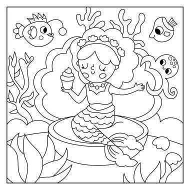 Deniz kabuğunda oturup kek yiyen deniz kızı ile siyah-beyaz manzara çizimi. Okyanus ya da deniz krallığı sahnesinde balıklar, deniz prensesi. Çocuk için kare peri masalı boyama sayfası