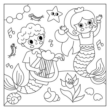 Dans eden deniz kızı ve arp çalan çocukla siyah-beyaz manzara çizimi. Deniz yosunları, denizyıldızı, deniz prensesi, prens ile okyanus ve deniz krallığı sahnesi. Kare peri masalı renklendirme geçidi