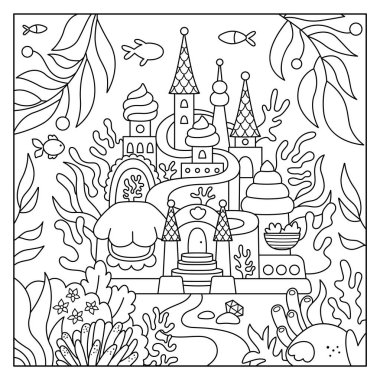 Denizkızı şatosuyla siyah beyaz manzara çizimi. Deniz yosunları, balıklar, mercanlar, deniz tabanındaki deniz prensesi sarayı sahnesi. Kare peri masalı renklendirme geçidi